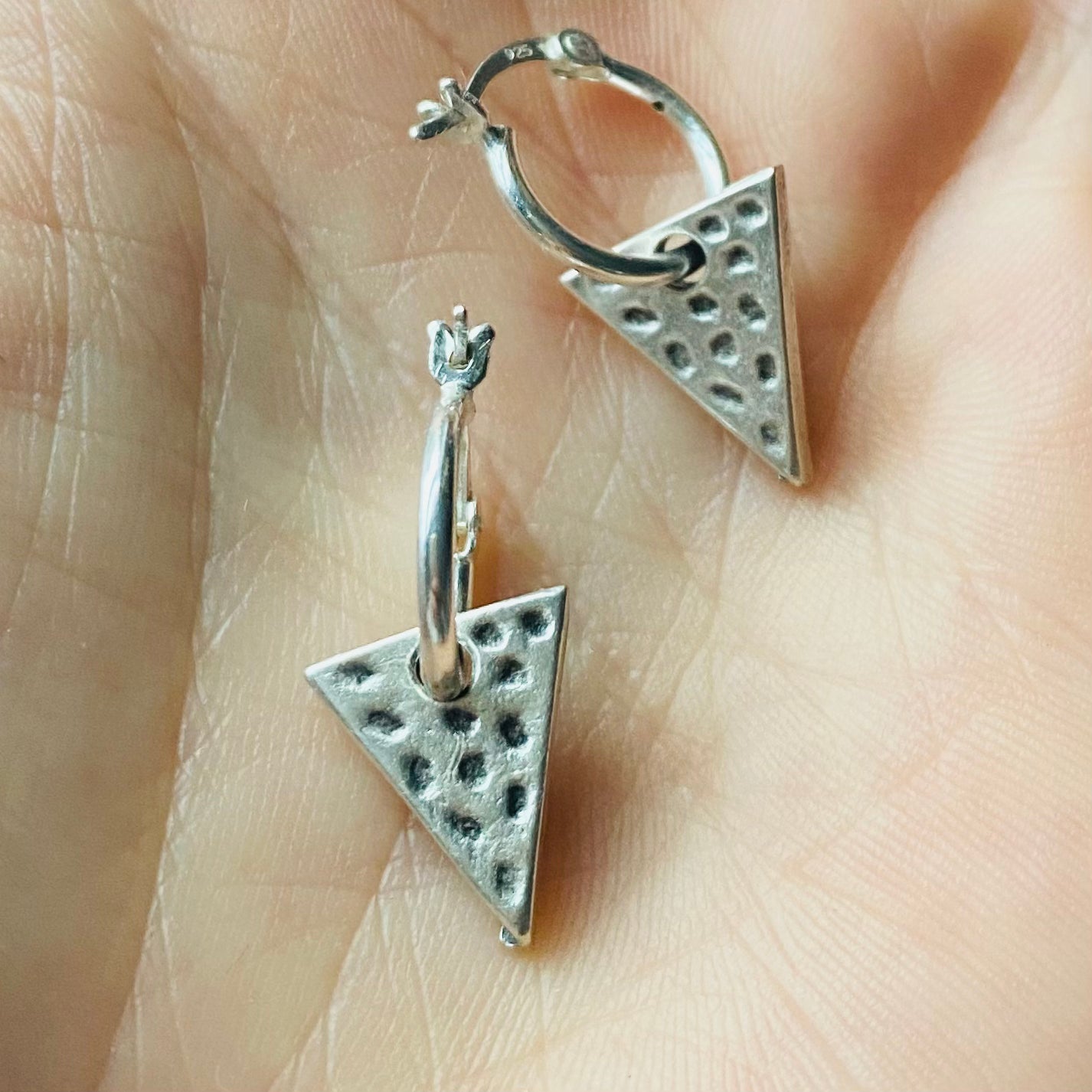 Triangle Charm Huggies - Sterling Silver Hoop Earrings