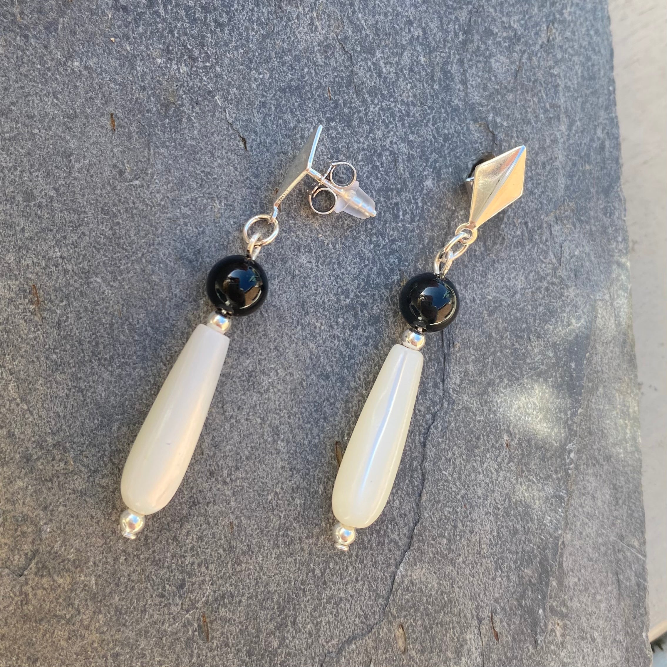 Mother of Pearl and Onyx Dangle Stud Gemstone Earrings