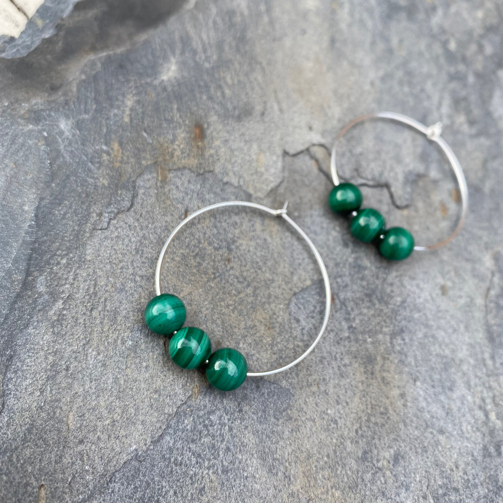 Malachite Jewellery Gemstone Earrings - Sterling Silver Hoops - May Birthstone Crystal