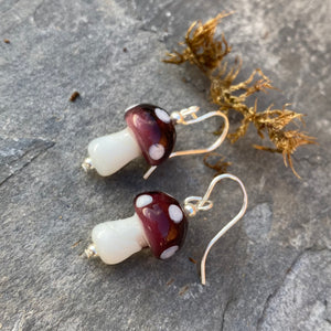 Quirky Purple Mushroom Earrings - Glass Toadstool - Sterling Silver