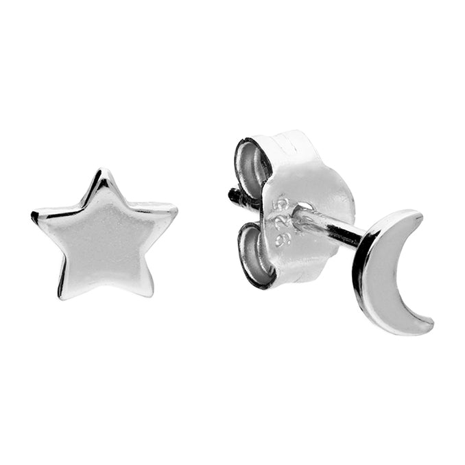 Moon and Star Stud Earrings - Sterling Silver Jewellery
