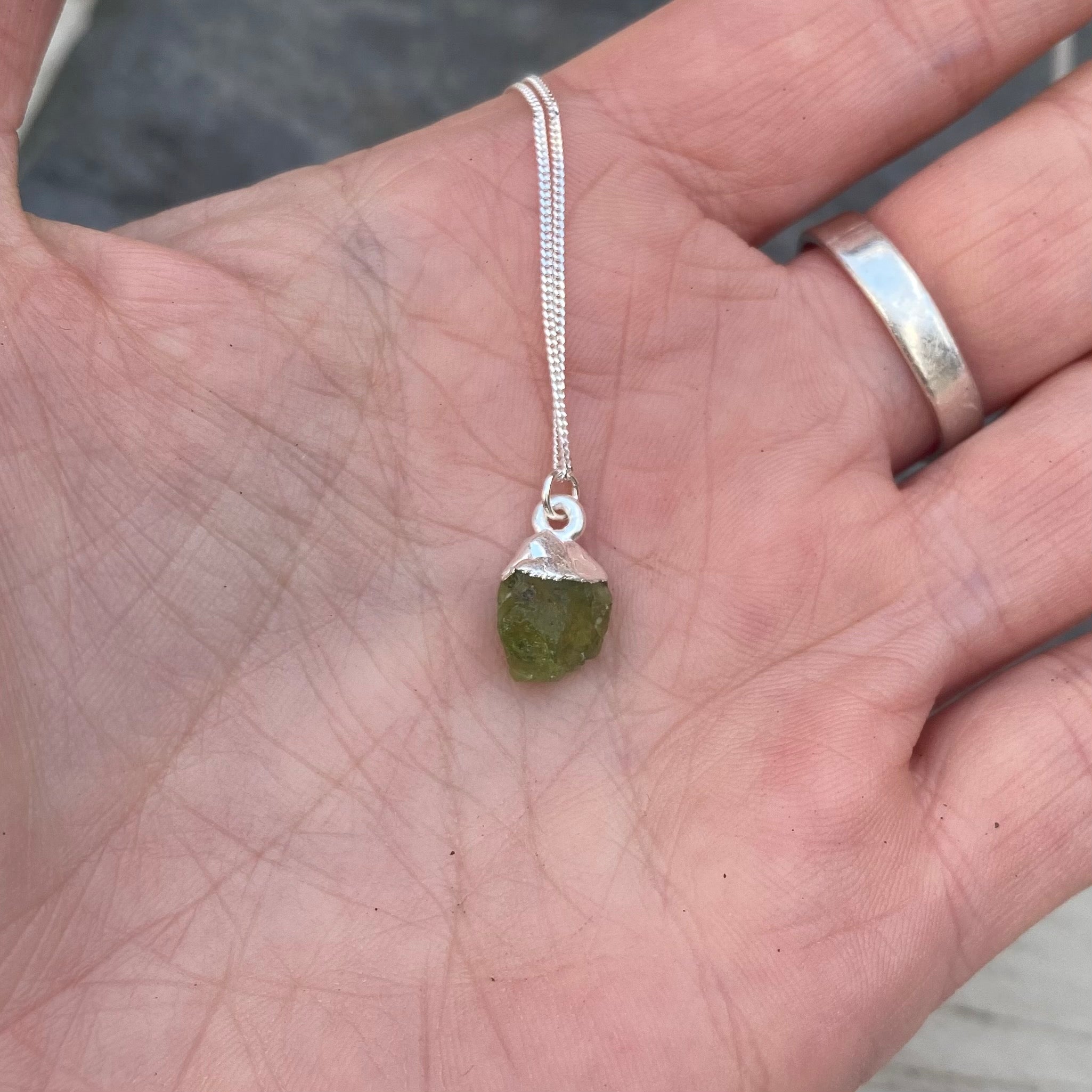 Birthstone Necklace - Raw Crystal and Sterling Silver August Peridot 18"