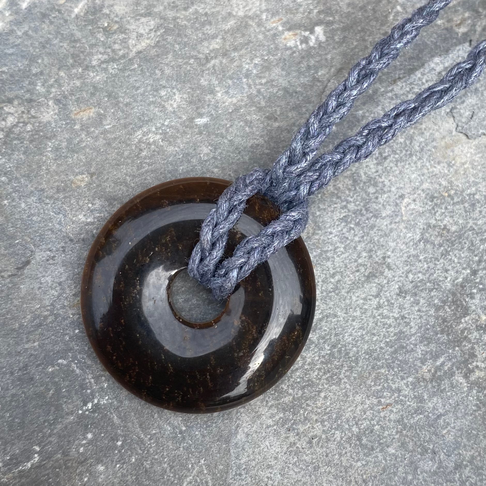 Tigers Eye Donut Pendant - Adjustable Waxed Cotton Necklace