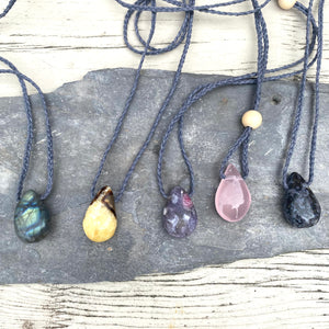 Rubelite and Tourmaline Teardrop Pendant - Adjustable Waxed Cotton Necklace