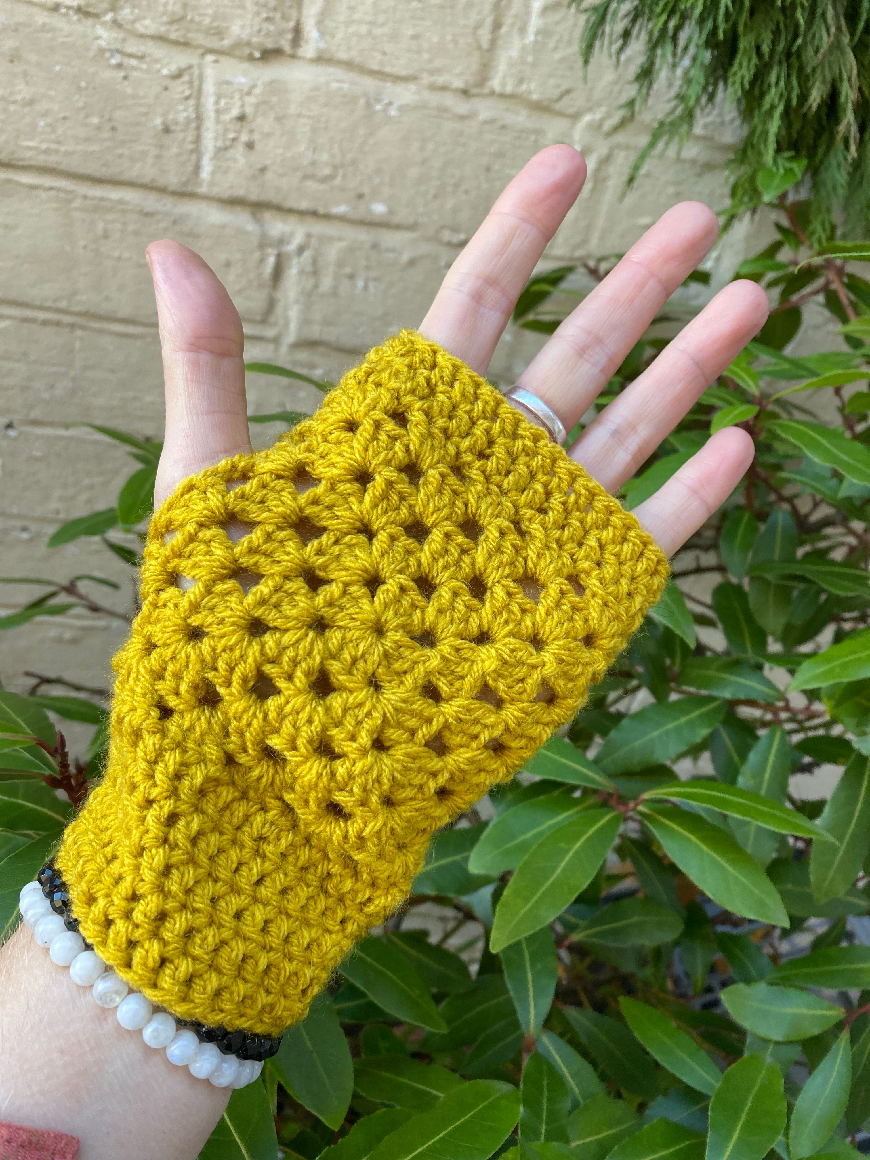 Fingerless Gloves - Mustard Granny Square - Crocheted Handwarmers