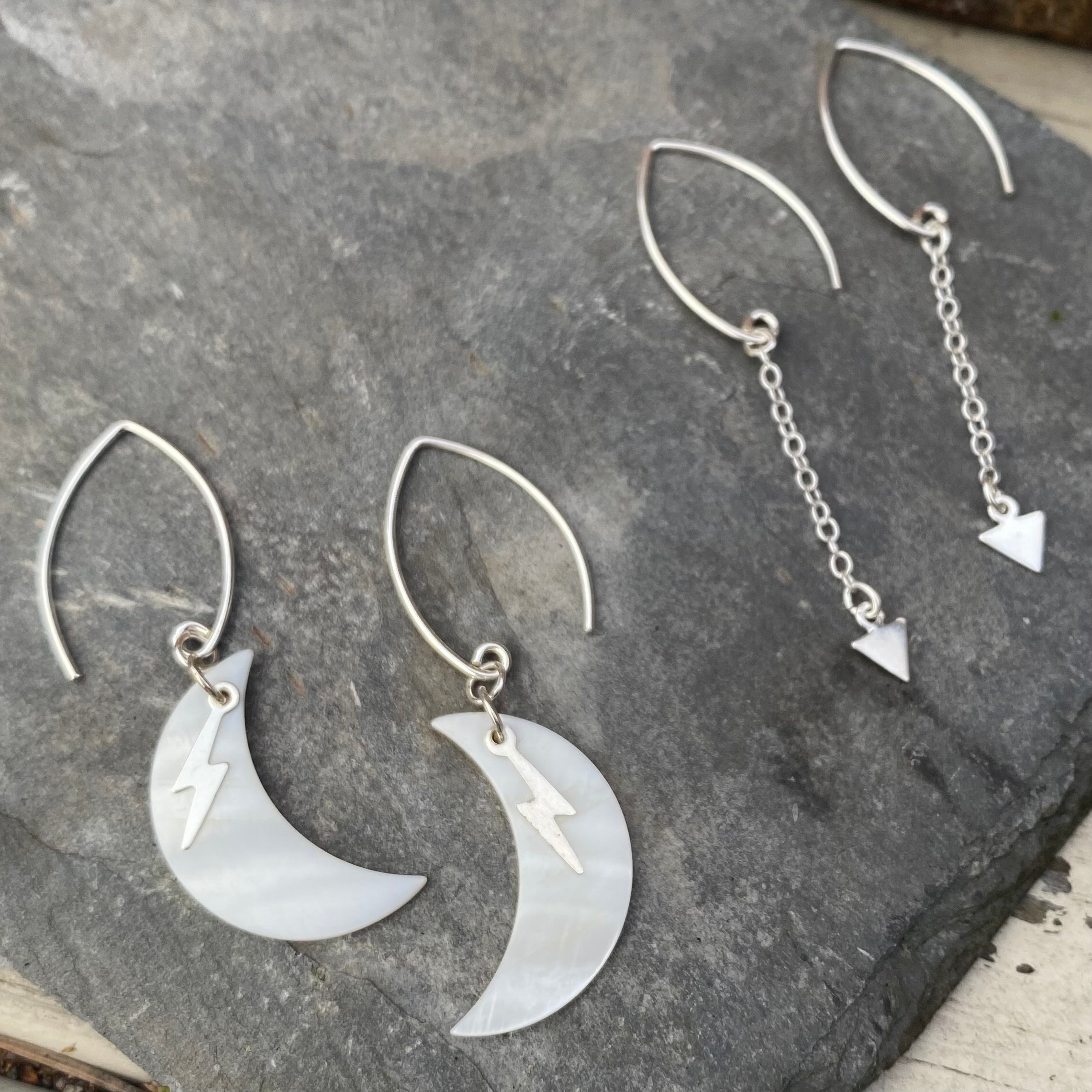 Moon and Lightning Earrings - Mother of Pearl and Sterling Silver Jewellery