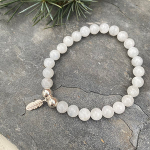 Moonstone Gemstone Bracelet - Silver Feather Charm - Well Being Crystal Jewellery