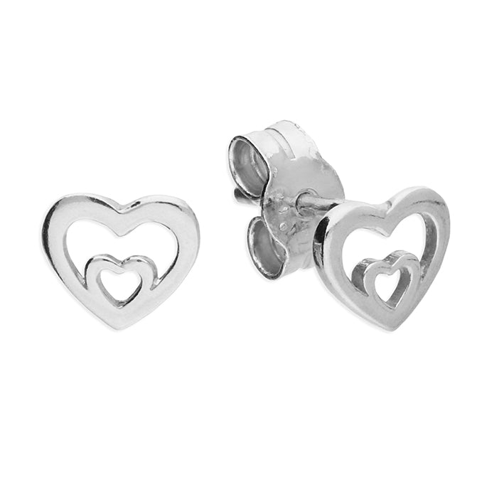 Cute Double Heart Stud Earrings - Sterling Silver