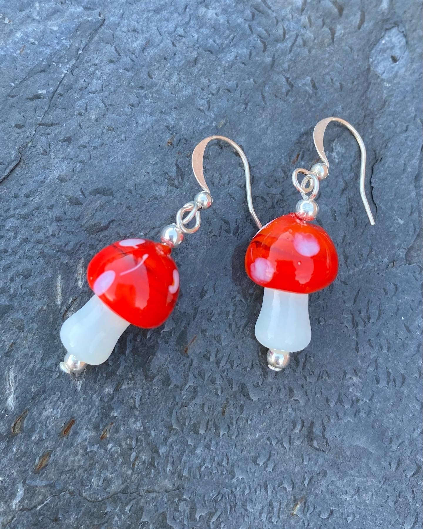 Quirky Red Mushroom Earrings - Glass Toadstool - Sterling Silver Jewellery