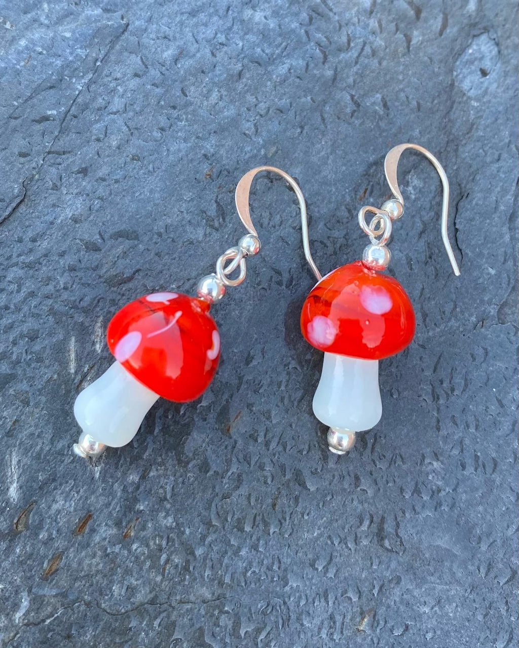 Quirky Red Mushroom Earrings - Glass Toadstool - Sterling Silver Jewellery