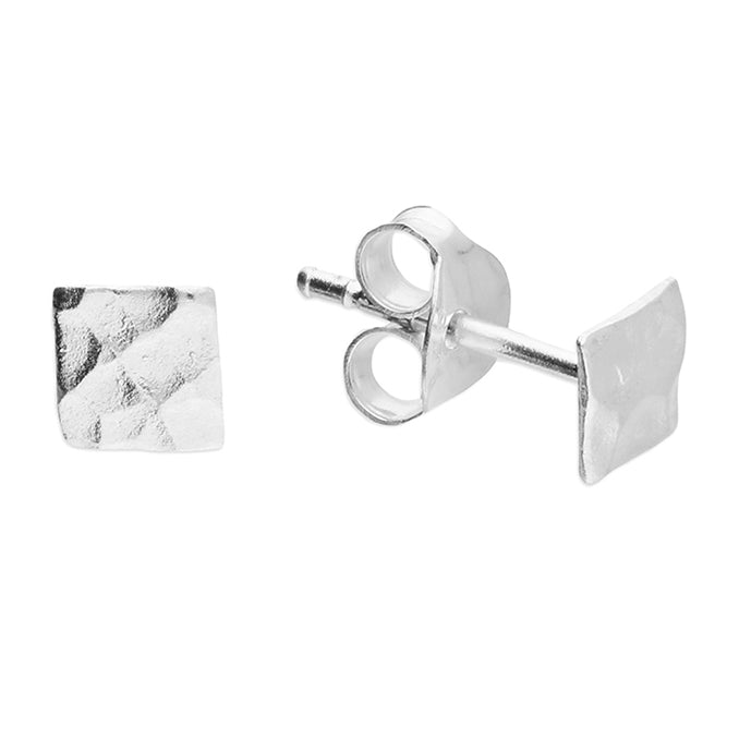 Cute Hammered Square Stud Earrings - Sterling Silver