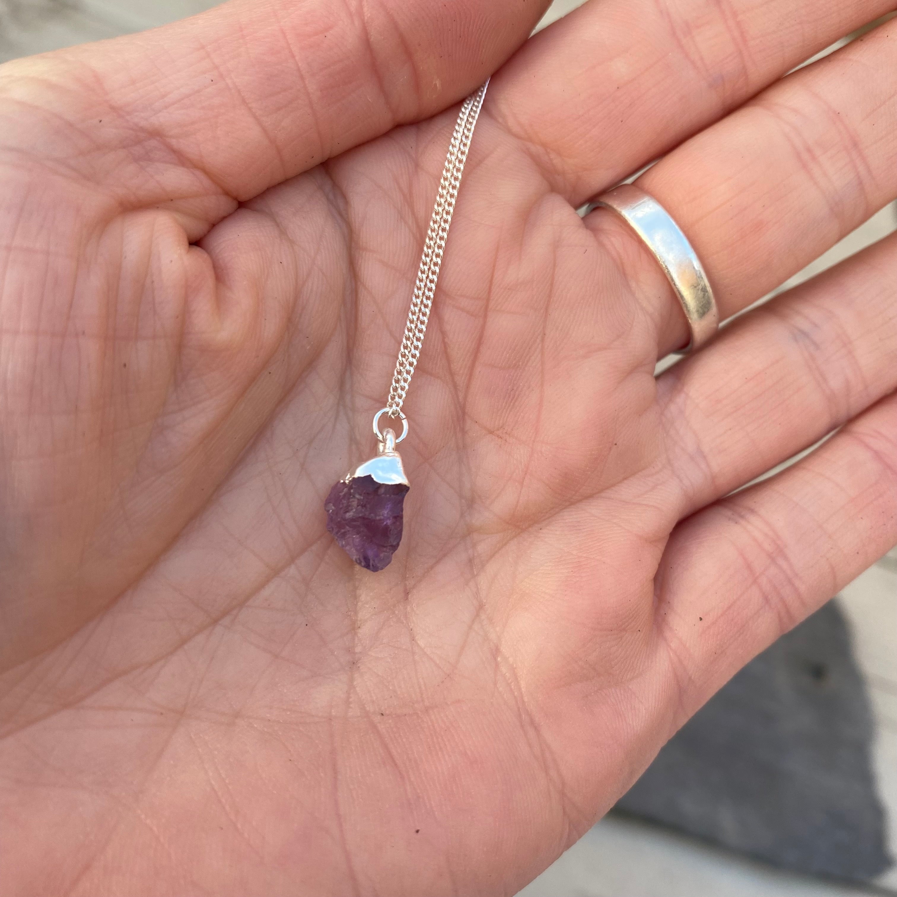 Birthstone Necklace - Raw Crystal and Sterling Silver February Amethyst 18"