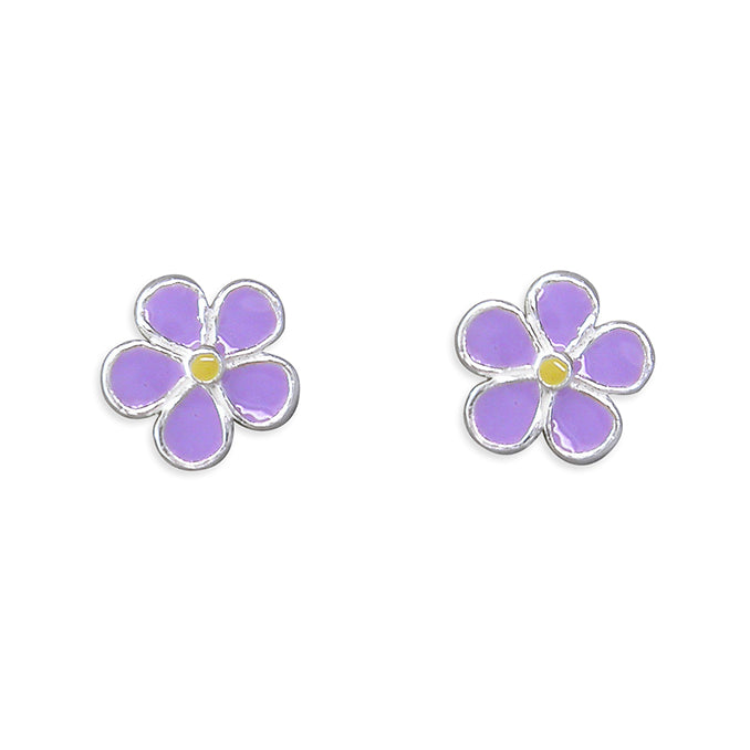 Purple Enamel Flower Stud Earrings - Sterling Silver Jewellery Girls Earrings