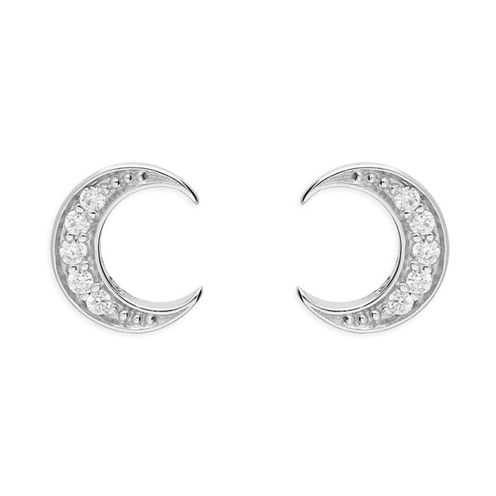 Cubic Zirconia Crescent Moon Stud Earrings - Sterling Silver