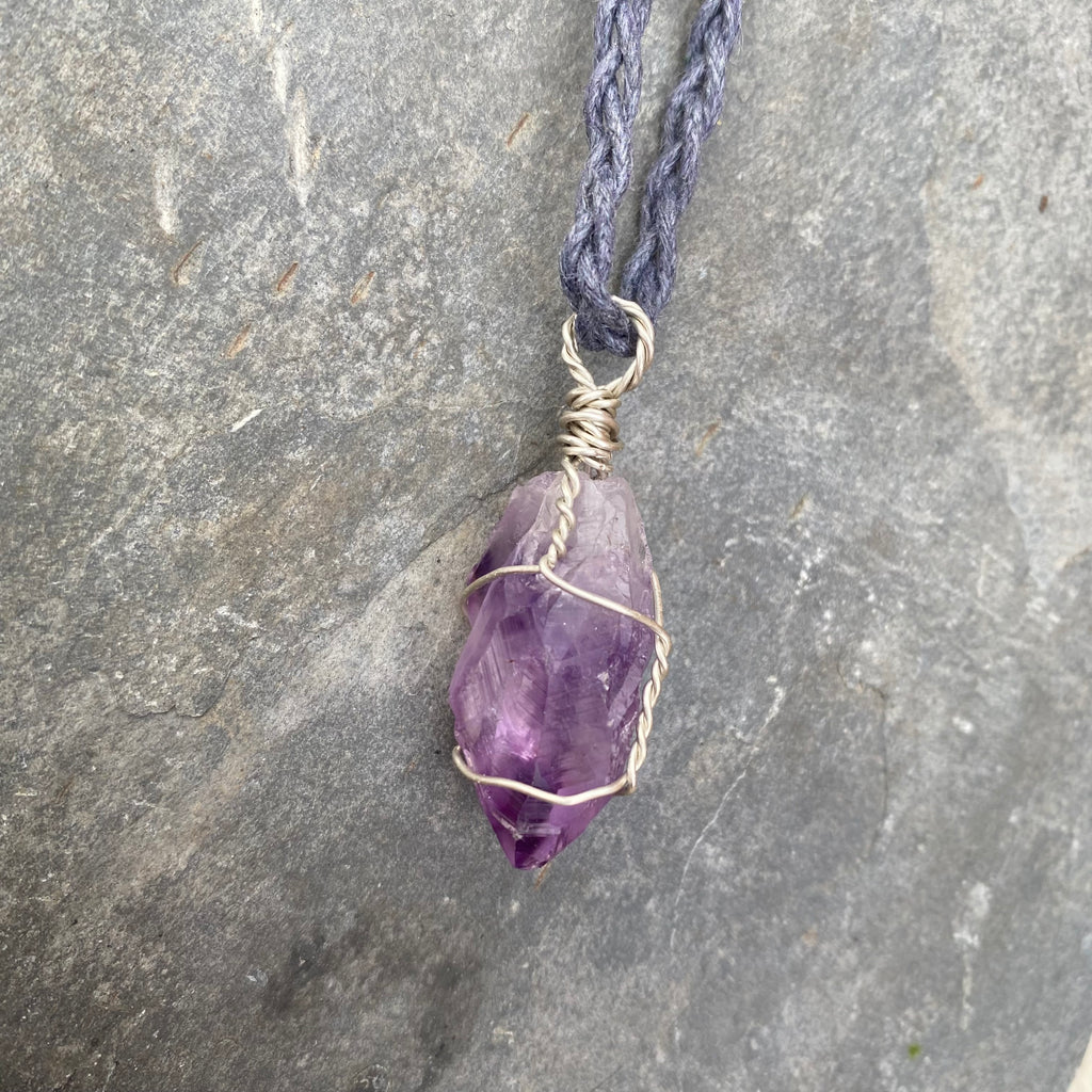 Sterling Silver wrapped Amethyst Crystal Pendant - February Birthstone Gemstone Gift