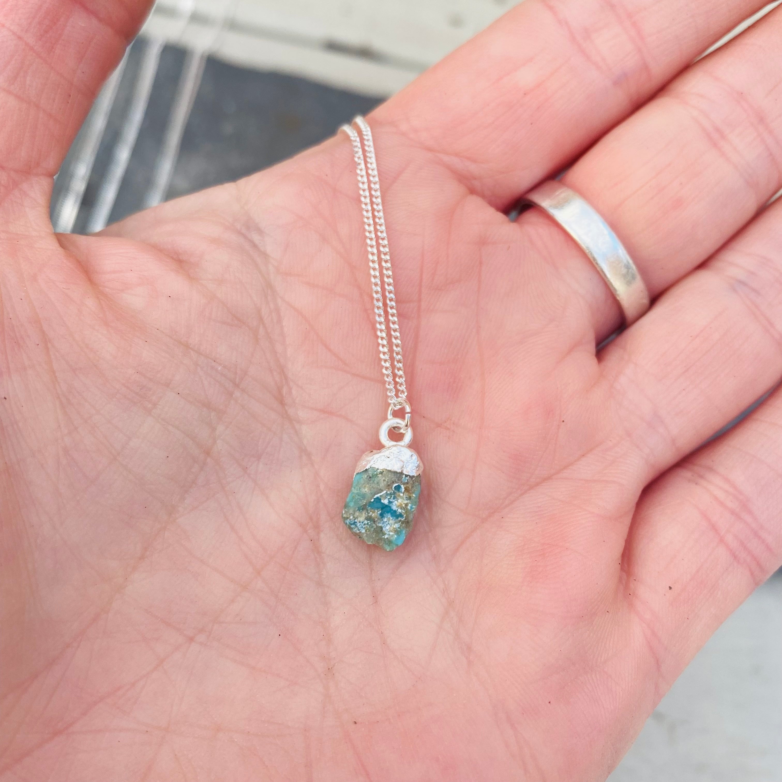 Birthstone Necklace - Raw Crystal and Sterling Silver December Turquoise 18"