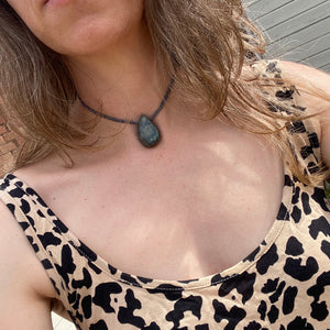 Gabbro Gemstone Teardrop Pendant Necklace - Adjustable Waxed Cotton Necklace