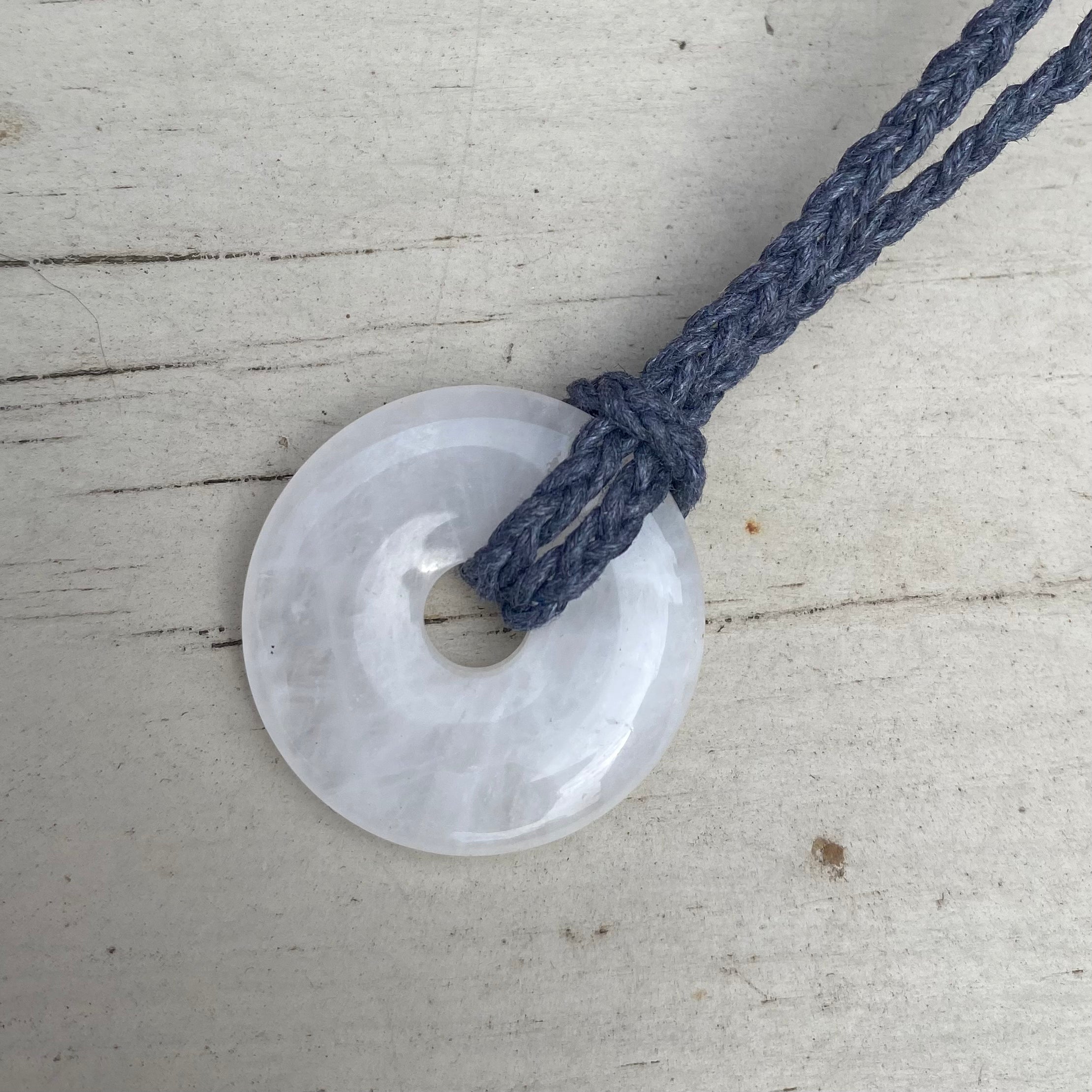 Quartz Donut Gemstone Pendant - Adjustable Waxed Cotton Necklace