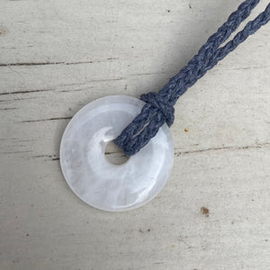 Quartz Donut Gemstone Pendant - Adjustable Waxed Cotton Necklace