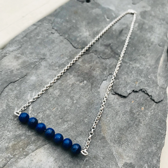 Lapis Lazuli Gemstone Crystal Necklace - Sterling Silver Bar Necklace - September Birthstone Jewellery