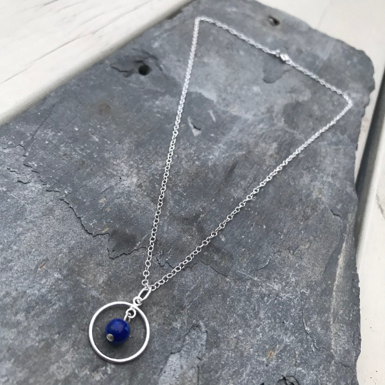 Lapis Lazuli Gemstone Necklace - Sterling Silver Orbit Pendant - September Birthstone Jewellery