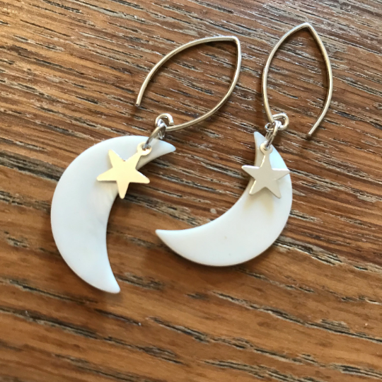 Moon and Stars Celestial Earrings - Mother of Pearl and Sterling Silver Jewellery