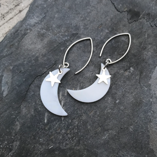 Moon and Stars Celestial Earrings - Mother of Pearl and Sterling Silver Jewellery