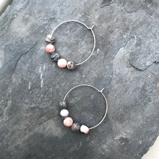 Pink Zebra Jasper Gemstone Earrings - Sterling Silver Hoop Jewellery