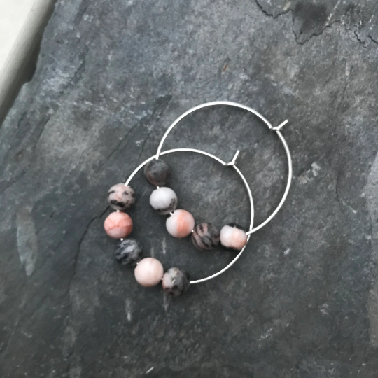 Pink Zebra Jasper Gemstone Earrings - Sterling Silver Hoop Jewellery