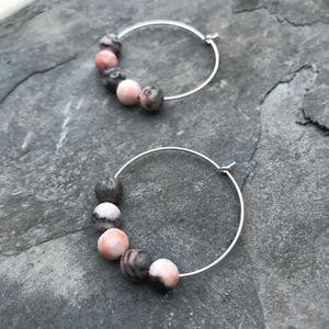 Pink Zebra Jasper Gemstone Earrings - Sterling Silver Hoop Jewellery