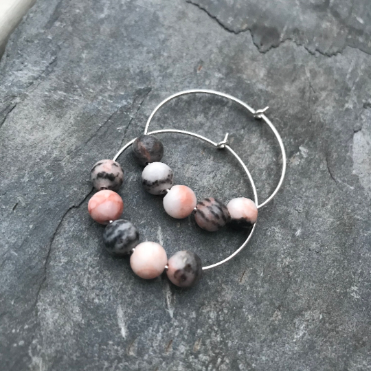 Pink Zebra Jasper Gemstone Earrings - Sterling Silver Hoop Jewellery