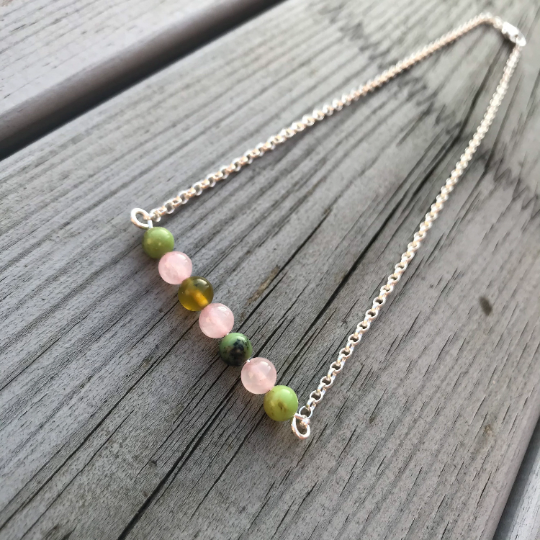 Rose Quartz and Chrysophrase Necklace - Sterling Silver Crystal Bar - Love and Kindness Duo