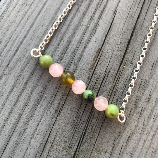 Rose Quartz and Chrysophrase Necklace - Sterling Silver Crystal Bar - Love and Kindness Duo