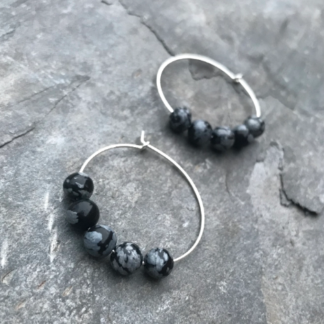 Snowflake Obsidian Gemstone Earrings - Sterling Silver Hoops