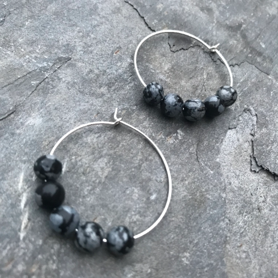 Snowflake Obsidian Gemstone Earrings - Sterling Silver Hoops