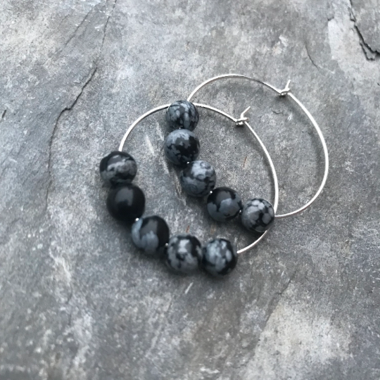 Snowflake Obsidian Gemstone Earrings - Sterling Silver Hoops