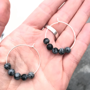 Snowflake Obsidian Gemstone Earrings - Sterling Silver Hoops