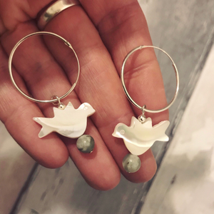 World Peace Dove - Sterling Silver Hoop Earrings - Mother of Pearl and Peace Jade