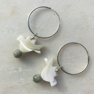 World Peace Dove - Sterling Silver Hoop Earrings - Mother of Pearl and Peace Jade