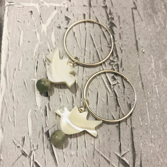 World Peace Dove - Sterling Silver Hoop Earrings - Mother of Pearl and Peace Jade